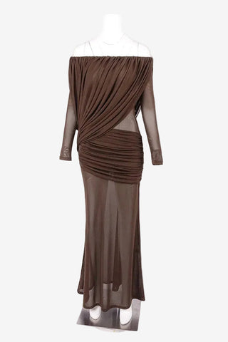 Off-Shoulder Draped Mesh Long Sleeve Long Dress