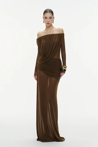 Off-Shoulder Draped Mesh Long Sleeve Long Dress