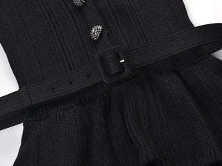 Embellished Neckline Ribbed Knit Midi-Long Mermaid Dress with Belt and Peplum Waist
