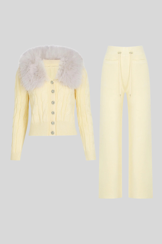 Luxe Knit Fur Collar Set – Cardigan & Wide-Leg Pants