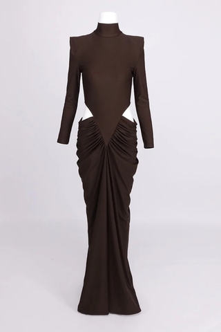 Long Sleeve High-Neck Stretch Long Dress – Side Cut-Out Ruched Design