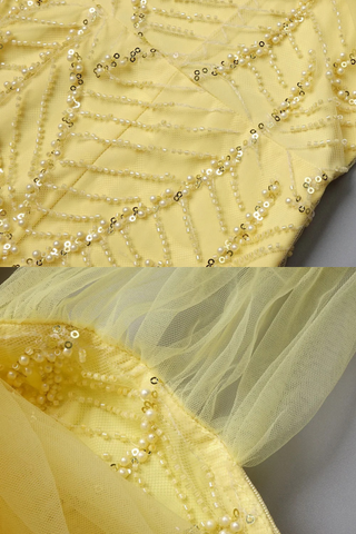Sleeveless Halter Beaded Yellow Tulle Long Dress – Hand-Embellished Sequins & Pearls, Floor-Length Design
