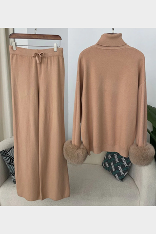 Faux Fur Trim Turtleneck Knit Set – Long Sleeve Top & Wide-Leg Pants