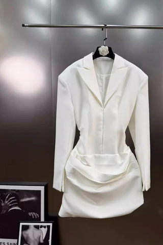 Draped Blazer Mini Dress – Tailored Long Sleeve Tuxedo Style