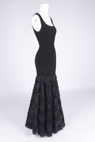 Glamorous Black Mermaid Long Dress Sleeveless Scoop Neck, Glitter Knit Bodice with 3D Rosette Feathered Skirt