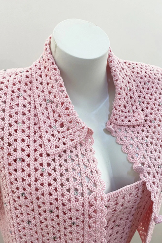 Crochet Button-Up Shirt with Rhinestone Details