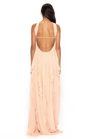 Strapless Ruffle Chiffon Long Dress with Rhinestone Starfish Brooch Backless, Layered Flowing Skirt
