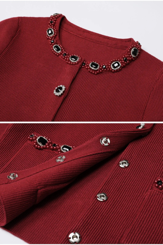 Embellished Pearl and Rhinestone Knit Cardigan with Matching Flared Midi Skirt Set