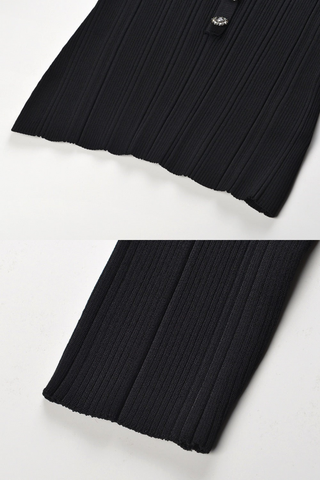 Ribbed Elastic Slim Fit U-Neck Long Sleeve Top with Rhinestone Trim