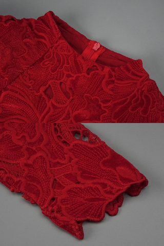 Red Lace Mini Dress – Long Sleeve Floral Embroidery, Scalloped Hem, Belted Waist