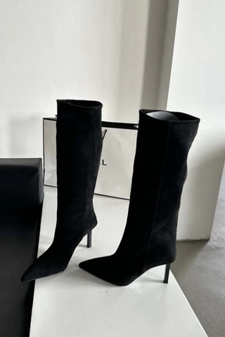Pointed-Toe Suede Knee-High Stiletto Boots | Slim Fit, High Heel Winter Fashion Boots