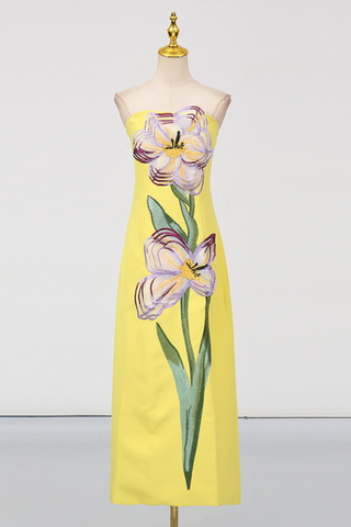 Strapless Floral Embroidered  Multicolor 3D Appliqué Slim Fit Long Dress