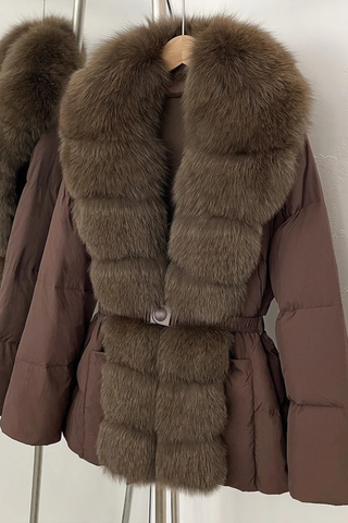 Belted Puffer Jacket with Faux Fox Fur Collar and Front Panel