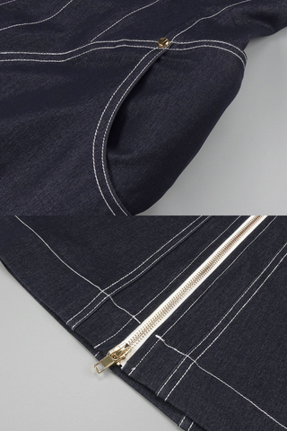 Halter Neck Denim Long Dress with Front Zip and Contour Stitching