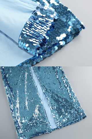 High-Shine Sequin Halter Neck Evening Long Dress with Back Slit and Pearl Button Detail