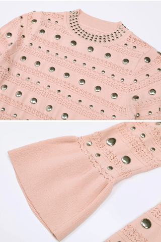 Studded Knit Long Dress – Elegant Long Sleeve Flared Cuff Evening Dress