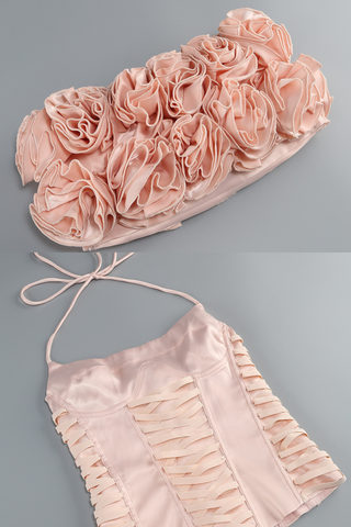 Rosette Bloom Hourglass Corset Mini Dress with  3D Ruffled Skirt in Blush Satin