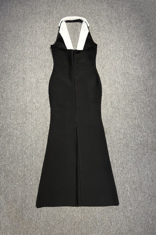 Contrast Lapel Halter Long Dress with Deep V-Neck & Tailored Fit