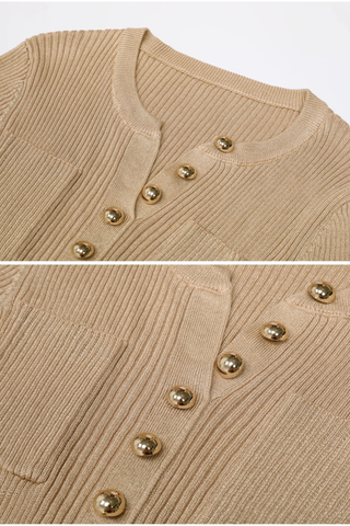 Metallic Ribbed Knit Long Sleeve Midi Dress with Gold Chain Belt