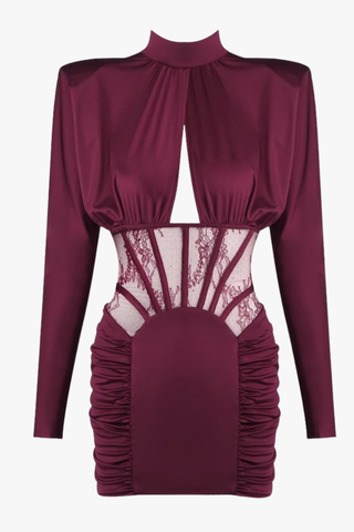 High-Neck Long Sleeve Corset Dress with Lace Panel & Ruched Skirt
