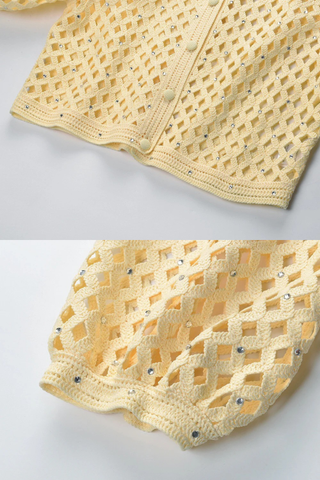 Embellished Open-Knit Cropped Cardigan with Elbow-Length Balloon Sleeves