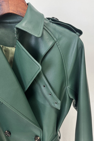 Long Sleeve Double-Breasted Faux Leather Trench Coat with Belt