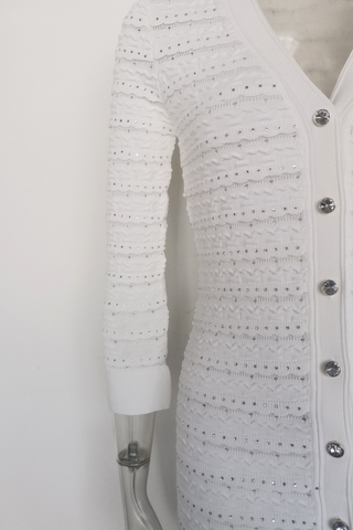 Long Sleeve Textured Knit Long Dress with Button Front & Rhinestone Embellishments