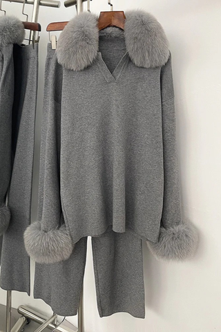 Faux Fur Trim Knit Two-Piece Set – Long Sleeve Top & Wide-Leg Pants