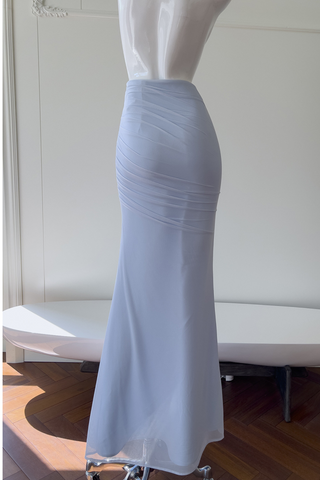 Light Blue Mesh Ruched  Set – Strapless Bustier Top & Fishtail Maxi Skirt with Sheer Scarf