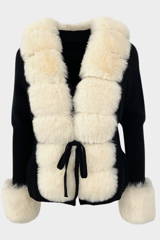 Long Sleeve Knitted Jacket with Faux Fur Trim – Tie-Front Design
