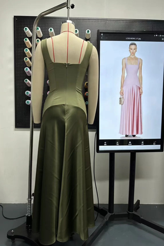 Square Neck Fitted Bodice Long Dress with Flared Satin Skirt
