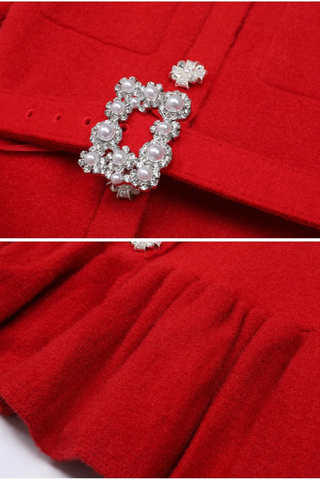 Round Neck Slim-Fit Wool-Blend Mini Dress with Crystal Embellished Buttons