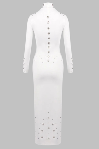 High Neck Long Sleeve Long Dress with Metal Stud Embellishments