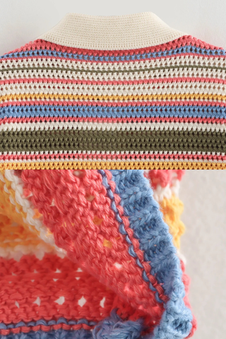 Striped Crochet Knit Two-Piece Set with Short Sleeve Button Top and High-Waist Shorts