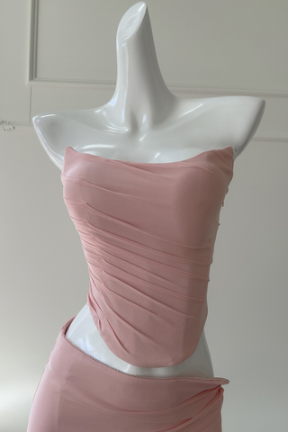 Dusty Rose Draped Mesh Strapless Set with Convertible Scarf & Fishtail Maxi Skirt