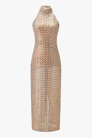 Crystal Embellished Halter Neck Bodycon Long Dress