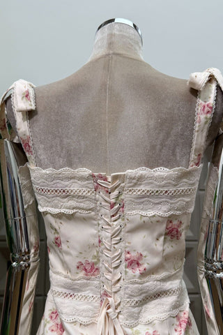 Floral Print Long Dress – Lace Trim, Tie Straps, Defined Waist & Corset Back
