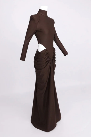 Long Sleeve High-Neck Stretch Long Dress – Side Cut-Out Ruched Design
