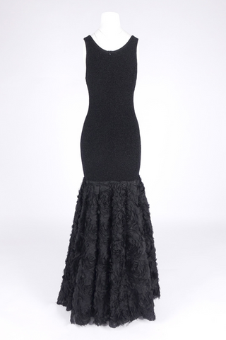 Glamorous Black Mermaid Long Dress Sleeveless Scoop Neck, Glitter Knit Bodice with 3D Rosette Feathered Skirt