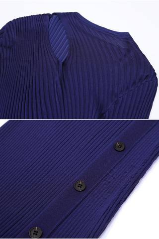 Long Sleeve Ribbed Knit Midi Dress with Asymmetrical Cutout and Button Slit