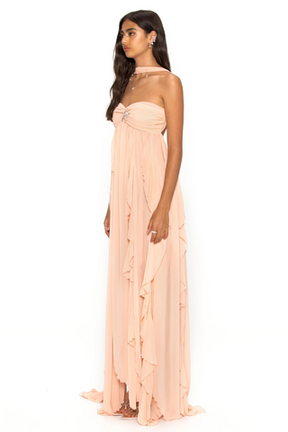 Strapless Ruffle Chiffon Long Dress with Rhinestone Starfish Brooch Backless, Layered Flowing Skirt