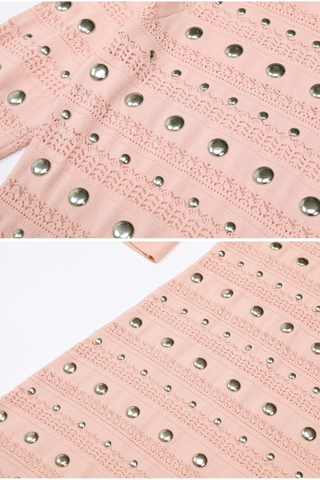 Studded Knit Long Dress – Elegant Long Sleeve Flared Cuff Evening Dress