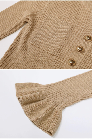 Metallic Ribbed Knit Long Sleeve Midi Dress with Gold Chain Belt