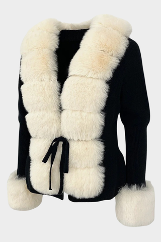 Long Sleeve Knitted Jacket with Faux Fur Trim – Tie-Front Design