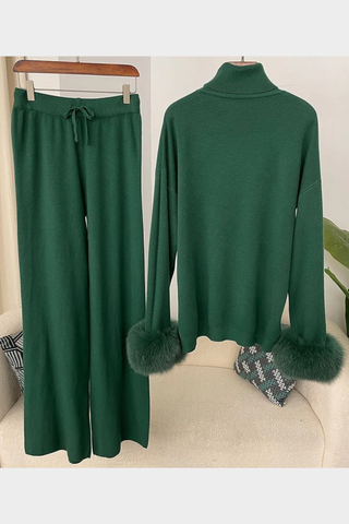 Faux Fur Trim Turtleneck Knit Set – Long Sleeve Top & Wide-Leg Pants