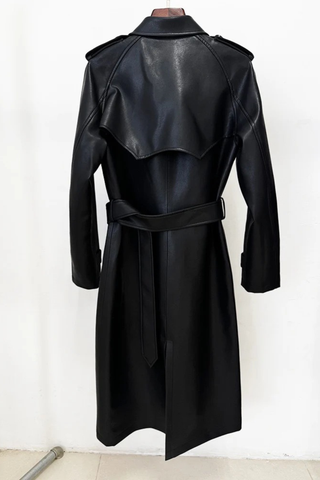 Long Sleeve Double-Breasted Faux Leather Trench Coat with Belt