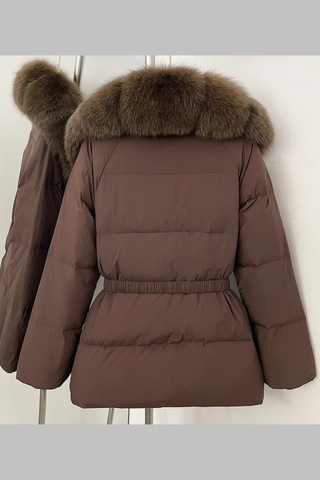 Belted Puffer Jacket with Faux Fox Fur Collar and Front Panel