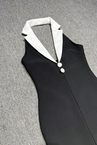 Contrast Lapel Halter Long Dress with Deep V-Neck & Tailored Fit