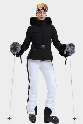 Tailored Ski Jacket with Belted Waist, Fur Details, and Long-Sleeve Design