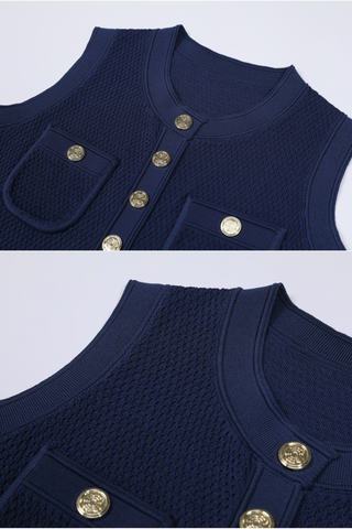 Elegant Sleeveless Textured Knit Long Dress with Button Front and Fitted Waistline